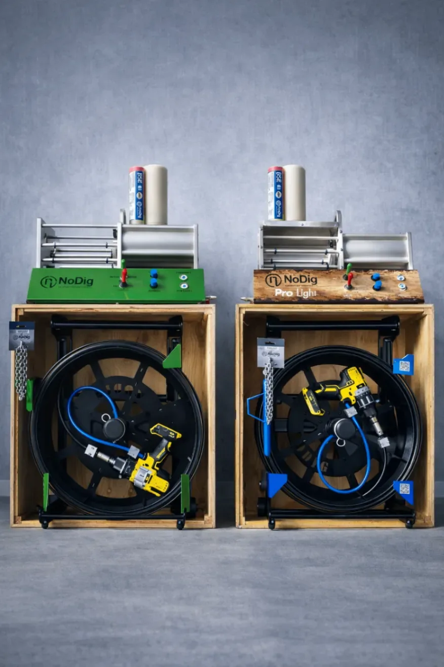 NoDig V8 and ProLight pipe rehabilitation machines in wooden transport cases